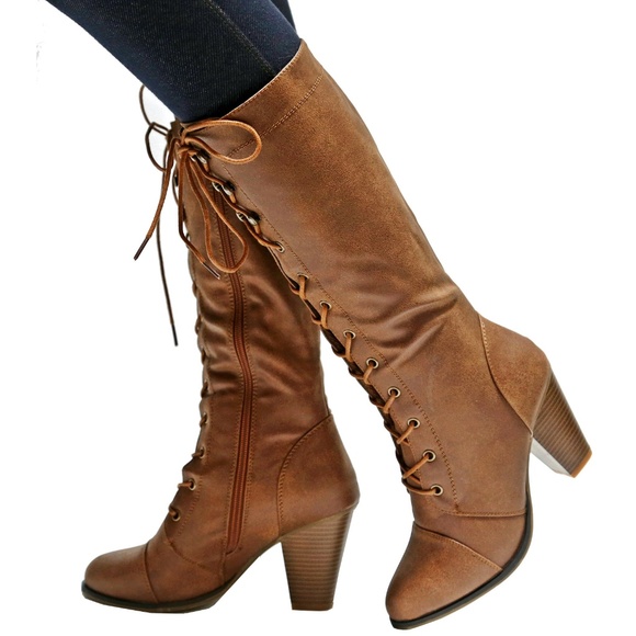 New Tan Combat Lace Up Mid-Calf High Heel Boots - Picture 3 of 3